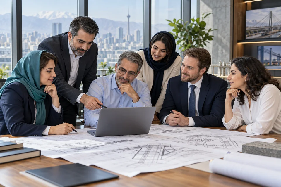 Illustrative engineering and export professionals working together on infrastructure plans